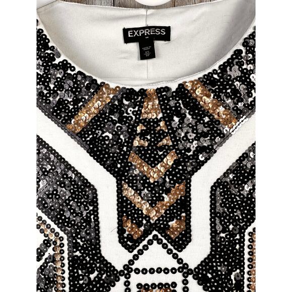 Express‎ Bodycon Dress Womens XS Cream Brass Sequin Cap Sleeve Party Cocktail - Picture 4 of 10